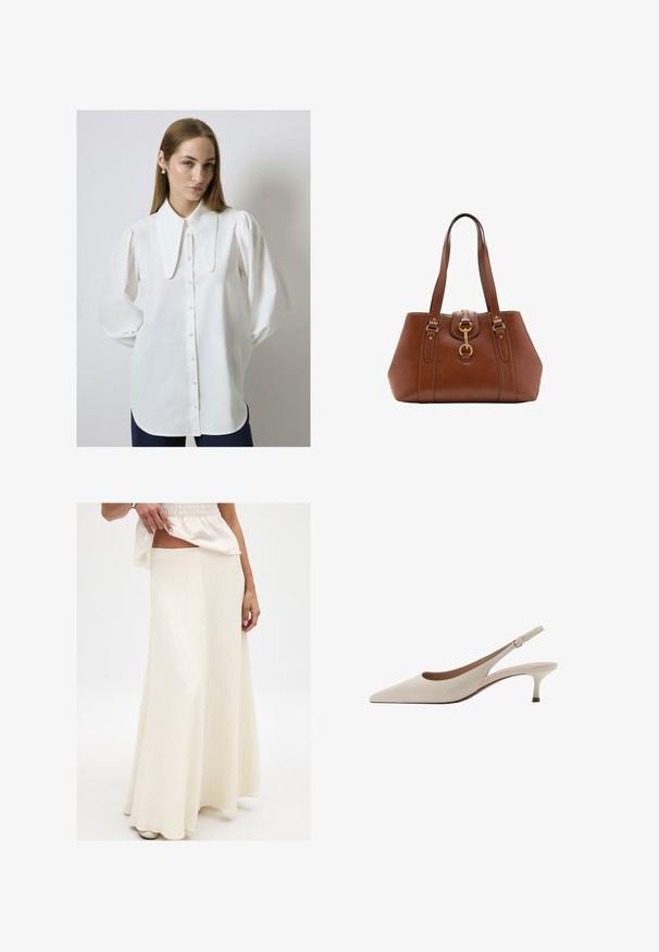Maglione giallo senape, realizzato in tessuto morbido. Presenta un colletto rotondo a costine e maniche lunghe con vestibilità regolare e orlo dritto.; Blusa bianca a maniche lunghe con un ampio colletto piatto, bottoni frontali e vestibilità ampia. Tessuto liscio con leggero luccichio, maniche arricciate.; Gonna maxi lunga color crema con una finitura testurizzata. Presenta una vita aderente e una silhouette fluida, abbinata a una maglia ampia e vivace.; Tacchi slingback beige con punta affusolata e tacco basso a campana. Realizzati in pelle liscia con un design minimalista e cinturino regolabile.; Borsa a tracolla in pelle marrone con doppie cinghie, forma arrotondata, accessori in oro e un dettaglio con fibbia centrale. Texture liscia con rifiniture cucite.