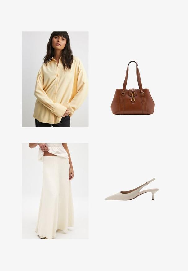 Trui in mosterdgeel, gemaakt van zachte stof. Voorzien van een geribbelde ronde halslijn en lange mouwen met een reguliere pasvorm en een rechte zoom.; NA-KD Overhemdblouse - butter; Crème, lange maxi rok met een getextureerde afwerking. Beschikt over een getailleerde taille en een vloeiende silhouet, gecombineerd met een losse, levendige top.; Beige slingback hakken met een puntige neus en een lage, uitlopende hak. Gemaakt van glad leer met een minimalistisch ontwerp en een verstelbare band.; Bruine leren handtas met dubbele banden, een afgeronde vorm, gouden hardware en een centrale sluiting. Gladde textuur met gestikte accenten.
