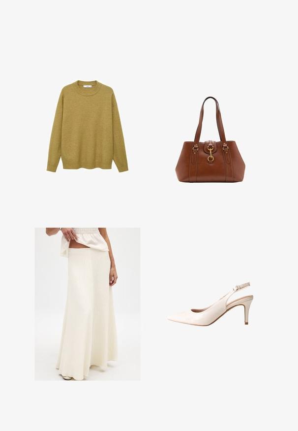 Maglione giallo senape, realizzato in tessuto morbido. Presenta un colletto rotondo a costine e maniche lunghe con vestibilità regolare e orlo dritto.; Gonna maxi lunga color crema con una finitura testurizzata. Presenta una vita aderente e una silhouette fluida, abbinata a una maglia ampia e vivace.; Décolleté in pelle verniciata beige con punta affilata, tacco sottile e cinturino laterale regolabile con fibbia. Texture liscia e lucida.; Borsa a tracolla in pelle marrone con doppie cinghie, forma arrotondata, accessori in oro e un dettaglio con fibbia centrale. Texture liscia con rifiniture cucite.