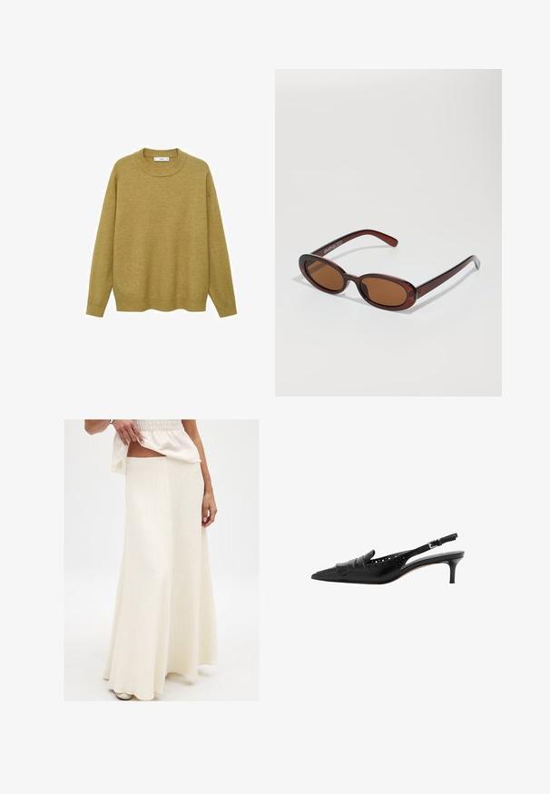 Maglione giallo senape, realizzato in tessuto morbido. Presenta un colletto rotondo a costine e maniche lunghe con vestibilità regolare e orlo dritto.; Gonna maxi lunga color crema con una finitura testurizzata. Presenta una vita aderente e una silhouette fluida, abbinata a una maglia ampia e vivace.; Scarpa slingback in pelle nera con punta affusolata, frange decorative, design perforato e tacco sottile. Presenta una cinturino alla caviglia regolabile.; Occhiali da sole rotondi con tonalità marrone, montatura lucida color bordeaux. Aste sottili con un sottile dettaglio del marchio. Design delle lenti piatte.; Borsa a tracolla in pelle marrone con doppie cinghie, forma arrotondata, accessori in oro e un dettaglio con fibbia centrale. Texture liscia con rifiniture cucite.