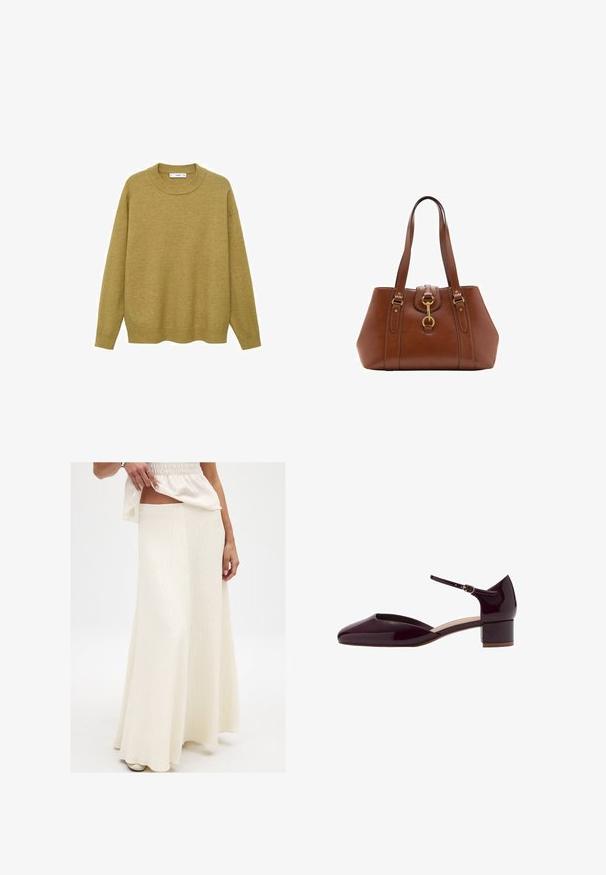 Pulover v gorčično rumeni barvi, izdelan iz mehkega blaga. Ima rebrast okrogel izrez in dolge rokave s standardnim krojem ter ravnim robom.; Kremna, dolga maksi krila z teksturirano površino. Ima oprijet pas in prostoren silhueto, v kombinaciji z ohlapnim, živahnim zgornjim delom.; Temno burgundske lakirane čevlje z ankel trakom, s koničastim nosom, nizko blokasto peto in gladko, sijajno površino.; Rjava usnjena torba z dvema ročajema, okroglo obliko, zlatim okovjem in osrednjim detajlom z zaponko. Gladka tekstura z izvezenimi detajli.