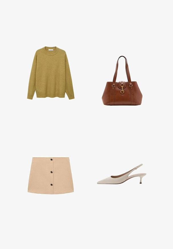 Tröja i senapsgul, tillverkad av mjukt tyg. Har en ribbad rund halsringning och långa ärmar med en vanlig passform och rak fåll.; Beige A-linje kjol tillverkad av textil med struktur, med tre svarta knappdetaljer fram, med en ren och enkel design.; Beige slingbackklackar med spetsig tå och en låg, utsvängd klack. Tillverkade av slätt läder med en minimalistisk design och justerbar rem.; Brun läderhandväska med dubbla remmar, en rundad form, guldhardware och detalj med centralspänne. Slät textur med sömmade accenter.