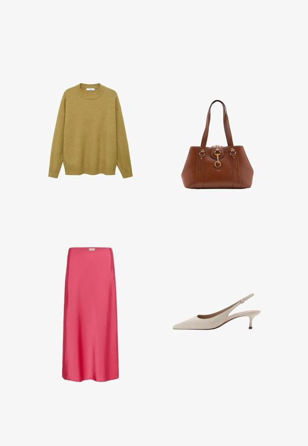 Pulover de culoare galben muștar, realizat dintr-un material moale. Are un guler rotund cu ace și mâneci lungi, cu o croială normală și un tiv drept.; Fustă midi din satin roz cu o textură fină, croială lejeră și o talie elastică subtilă, oferind o siluetă fluidă.; Tocuri bej cu toc înclinare, cu vârf ascuțit și un toc jos, evazat. Fabricate din piele netedă, cu un design minimalist și curea ajustabilă.; Geantă de mână din piele maro, cu curele duble, formă rotundă, accesorii din aur și un detaliu central cu cataramă. Textură netedă cu accente cusute.