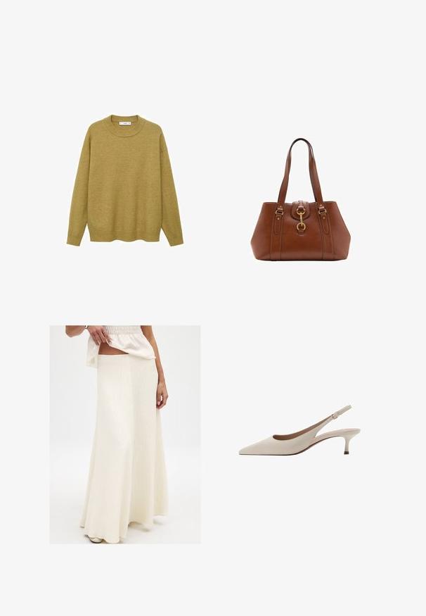 Sveter v horčicovej žltej farbe, vyrobený z mäkkej tkaniny. Má rebrovaný okrúhly výstrih a dlhé rukávy s bežným strihom a rovného lemu.; Krémová, dlhá maxi sukňa s textúrovaným povrchom. Má priliehavý pás a voľný siluetu, kombinovaná s voľným, živým topom.; Béžové lodičky na opätku s špicatou špičkou a nízkym rozšíreným opätkom. Vyrobené z hladkej kože s minimalistickým dizajnom a nastaviteľným popruhom.; Hnedá kožená taška s dvojitými popruhmi, zaobleným tvarom, zlatými kovovými doplnkami a centrálnym detailom s prackou. Hladký povrch s prešitými akcentami.