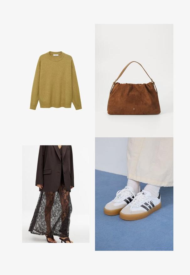 Sweater i sennepsgul, lavet af blødt stof. Har en ribbet rund halsudskæring og lange ærmer med en normal pasform og en lige kant.; Overdimensineret brun blazer over en gennemsigtig sort blonde nederdel med blomstermønstre, parret med sorte hæle sandaler.; Hvide sneakers med sorte striber og beige ruskindsdetaljer. Har en tekstureret gummisål og flade hvide snørebånd, båret med lyse sokker.; Brun ruskind handbag med en samlet design, der har en enkelt tan læderstrop og en subtil guld logo detalje på fronten.
