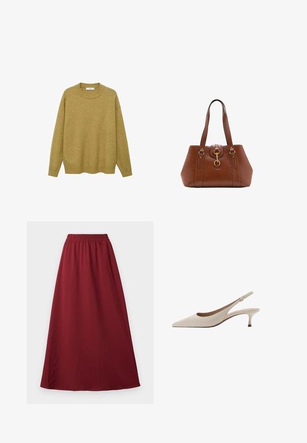 Pulover u gorućoj žutoj boji, napravljen od mekanog materijala. Ima rebrasti okrugli izrez i duge rukave sa regularnim krojem i ravnim rubom.; Bordo maksi suknja s elastičnim pojasom, s glatkim, tekućim materijalom i jednostavnim, neukrasnim dizajnom.; Bež sandale s potpeticom, s uskim vrhom i niskom, proširenom potpeticom. Izrađene od glatke kože s minimalističkim dizajnom i podesivim remenom.; Smeđa kožna ženska torba sa strukturiranim oblikom, zlatnim ukrasima, dvostrukim naramenicama i ukrasnom kopčom u sredini.
