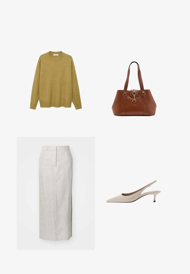 Trui in mosterdgeel, gemaakt van zachte stof. Voorzien van een geribbelde ronde halslijn en lange mouwen met een reguliere pasvorm en een rechte zoom.; Lichtgrijze, knielange kokerrok van textuurstof, met een aangesloten taille, subtiele naaddetails en zonder zichtbare sluitingen.; Beige slingback hakken met een puntige neus en een lage, uitlopende hak. Gemaakt van glad leer met een minimalistisch ontwerp en een verstelbare band.; Bruine leren handtas met dubbele banden, een afgeronde vorm, gouden hardware en een centrale sluiting. Gladde textuur met gestikte accenten.