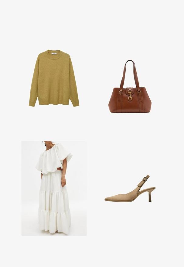 Maglione giallo senape, realizzato in tessuto morbido. Presenta un colletto rotondo a costine e maniche lunghe con vestibilità regolare e orlo dritto.; Completo bianco a due pezzi composto da un top strutturato senza spalline con maniche ampie e una gonna a strati con elastico in vita.; Décolleté beige con punta appuntita, materiale in suede texturizzato e tacco sottile. Presenta una fascia con fibbia regolabile per una vestibilità sicura.; Borsa a tracolla in pelle marrone con doppie cinghie, forma arrotondata, accessori in oro e un dettaglio con fibbia centrale. Texture liscia con rifiniture cucite.