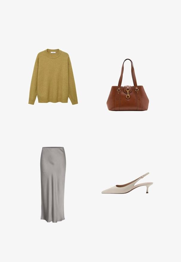Sveter v horčicovej žltej farbe, vyrobený z mäkkej tkaniny. Má rebrovaný okrúhly výstrih a dlhé rukávy s bežným strihom a rovného lemu.; Sivá saténová midi sukňa s hladkou textúrou, jemným leskom a rozšíreným lemom, so jednoduchým a čistým dizajnom po celom obvode.; Béžové lodičky na opätku s špicatou špičkou a nízkym rozšíreným opätkom. Vyrobené z hladkej kože s minimalistickým dizajnom a nastaviteľným popruhom.; Hnedá kožená taška s dvojitými popruhmi, zaobleným tvarom, zlatými kovovými doplnkami a centrálnym detailom s prackou. Hladký povrch s prešitými akcentami.