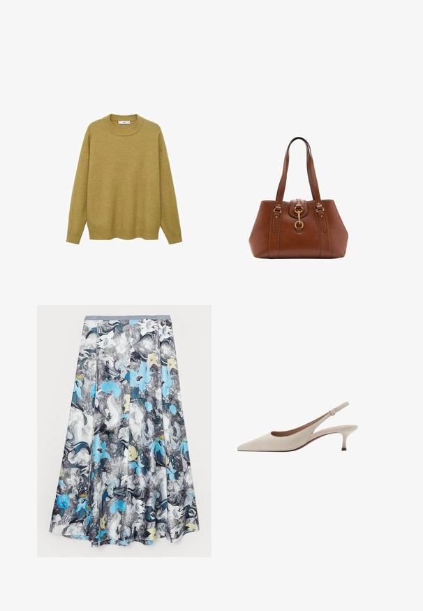 Pull en jaune moutarde, fait d'un tissu doux. Il présente un col rond côtelé et des manches longues avec une coupe régulière et un ourlet droit.; Tory Burch TWILL SKIRT - Jupe longue - blue abstract; Des escarpins slingback beiges avec un bout pointu et un talon évasé bas. Fabriqués en cuir lisse avec un design minimaliste et une sangle réglable.; Sac à main en cuir marron avec une forme structurée, des accents métalliques dorés, deux bretelles pour l'épaule et un détail décoratif en forme de boucle au centre.