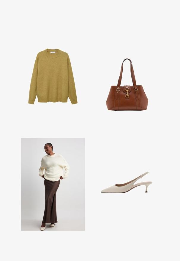 Pullover in Senfgelb, aus weichem Material gefertigt. Verfügt über einen gerippten Rundhalsausschnitt und lange Ärmel mit regulärer Passform und geradem Saum.; NA-KD Maxirock - brown; Beige Slingback-Absatzschuhe mit spitzer Zehenform und niedrigem, ausgestellten Absatz. Hergestellt aus glattem Leder mit einem minimalistischen Design und verstellbarem Riemen.; Braune Lederhandtasche mit doppelt tragegriffen, runder Form, goldenen Beschlägen und einem zentralen Schnallen-Detail. Glatte Textur mit genähten Akzenten.