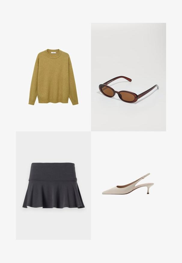 Tröja i senapsgul, tillverkad av mjukt tyg. Har en ribbad rund halsringning och långa ärmar med en vanlig passform och rak fåll.; Grå utsvängd kjol gjord av mjukt tyg med en åtsittande midja. Nederkanten ger en mild svängning, vilket förbättrar rörelse och komfort.; Beige slingbackklackar med spetsig tå och en låg, utsvängd klack. Tillverkade av slätt läder med en minimalistisk design och justerbar rem.; Runda, bruntonade solglasögon med en glansig bordeauxfärgad ram. Smala bågar med subtilt varumärkesdetalj. Platt linsdesign.; Väskan i ormtryck har ett böjt handtag. Den är tillverkad av strukturerade, beige och bruna material och har ett distinkt diamantsmönster.