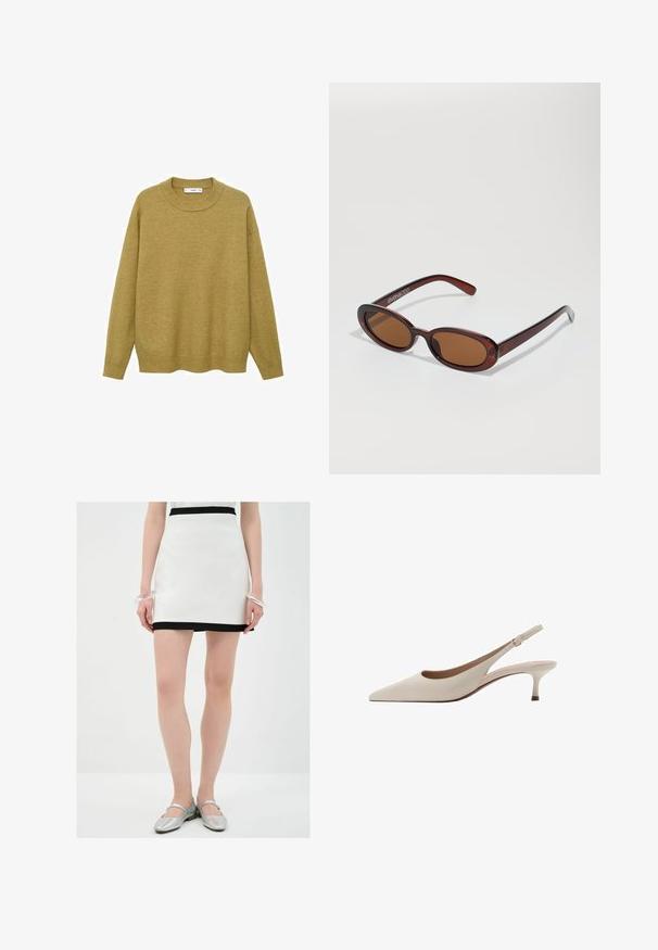 Pullover in Senfgelb, aus weichem Material gefertigt. Verfügt über einen gerippten Rundhalsausschnitt und lange Ärmel mit regulärer Passform und geradem Saum.; Weißer Minirock mit schwarzem Saum, aus glattem Material. Das Model trägt silberne Ballerinas und ein durchsichtiger Armreif an einem Handgelenk.; Beige Slingback-Absatzschuhe mit spitzer Zehenform und niedrigem, ausgestellten Absatz. Hergestellt aus glattem Leder mit einem minimalistischen Design und verstellbarem Riemen.; Runde, braun getönte Sonnenbrillen mit einem glänzenden burgunderfarbenen Rahmen. Schlanke Bügel mit dezentem Branding. Flaches Linsendesign.