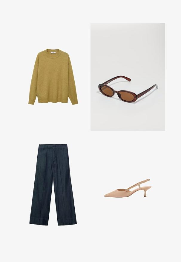 Sweater in mustard yellow, made of soft fabric. Features a ribbed round neckline and long sleeves with a regular fit and a straight hem.; Wide-leg trousers in dark denim, featuring a high waistband, front pleats, and a smooth texture. The hem is straight with no additional detailing.; Pointed-toe nude slingback heels with a low kitten heel, made from glossy material, featuring a slender strap with an adjustable buckle.; Round, brown-tinted sunglasses with a glossy burgundy frame. Slim arms with subtle branding detail. Flat lens design.