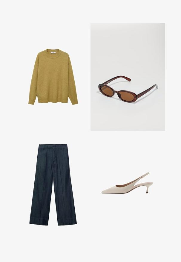 Sweater in mustard yellow, made of soft fabric. Features a ribbed round neckline and long sleeves with a regular fit and a straight hem.; Wide-leg trousers in dark denim, featuring a high waistband, front pleats, and a smooth texture. The hem is straight with no additional detailing.; Beige slingback heels with a pointed toe and a low, flared heel. Made from smooth leather with a minimalistic design and adjustable strap.; Round, brown-tinted sunglasses with a glossy burgundy frame. Slim arms with subtle branding detail. Flat lens design.