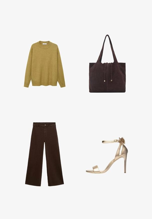 Pullover in Senfgelb, aus weichem Material gefertigt. Verfügt über einen gerippten Rundhalsausschnitt und lange Ärmel mit regulärer Passform und geradem Saum.; Braune, weit geschnittene Hosen aus Baumwollmischung mit fransigem Saum, vorderem Knopfverschluss und klassischem Fünf-Taschen-Design. Minimalistisch und vielseitig.; Goldfarbene metallische High-Heel-Sandale mit dünnem Knöchelriemen, offenem Zehenbereich und glatter Textur. Mit einer zarten Schleifenakzent am Absatz.; Mango Shopping Bag - dark brown