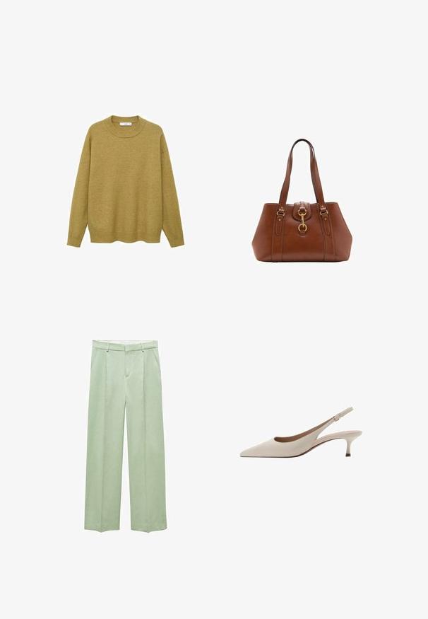 Trui in mosterdgeel, gemaakt van zachte stof. Voorzien van een geribbelde ronde halslijn en lange mouwen met een reguliere pasvorm en een rechte zoom.; Mango Broek - light green; Beige slingback hakken met een puntige neus en een lage, uitlopende hak. Gemaakt van glad leer met een minimalistisch ontwerp en een verstelbare band.; Bruine leren handtas met dubbele banden, een afgeronde vorm, gouden hardware en een centrale sluiting. Gladde textuur met gestikte accenten.