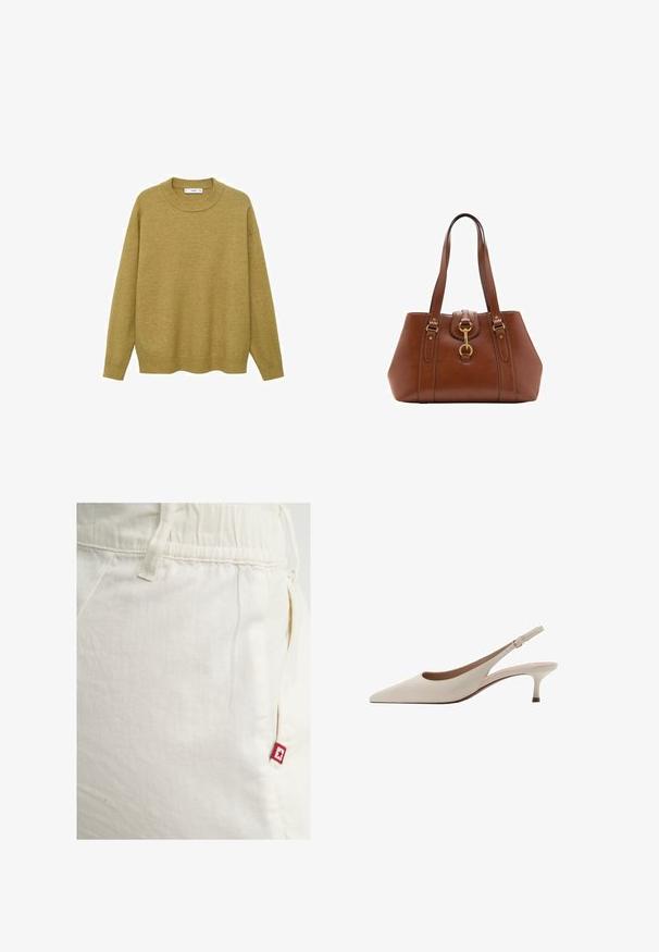 Sweter w kolorze musztardowym, wykonany z miękkiego materiału. Posiada żebrowany okrągły dekolt oraz długie rękawy w regularnym kroju i prostym wykończeniu.; Śmietankowe spodnie dresowe z elastyczną talią i boczną kieszenią, z małą czerwoną metką z logo w kształcie gwiazdy na prawej kieszeni.; Beżowe szpilki slingback z zakończeniem w szpic i niskim, rozkloszowanym obcasem. Wykonane z gładkiej skóry, o minimalistycznym wzornictwie i regulowanym pasku.; Brązowa skórzana torebka z podwójnymi uchwytami, okrągłym kształtem, złotymi okuciem i centralnym detalem z klamrą. Gładka tekstura z haftowanymi akcentami.