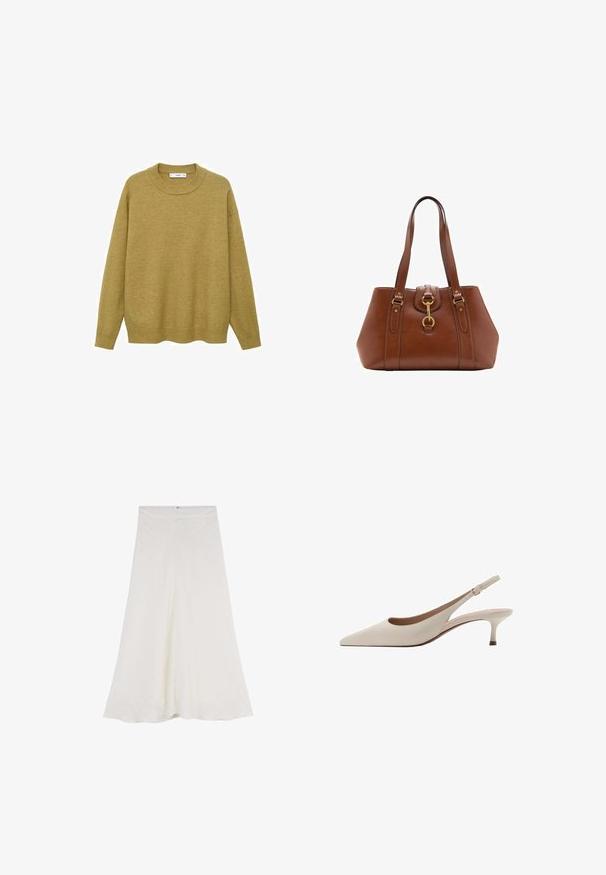 Trui in mosterdgeel, gemaakt van zachte stof. Voorzien van een geribbelde ronde halslijn en lange mouwen met een reguliere pasvorm en een rechte zoom.; Een witte, middellange rok van gestructureerde stof, met een uitlopende stijl en een verborgen rits aan de achterkant voor sluiting.; Beige slingback hakken met een puntige neus en een lage, uitlopende hak. Gemaakt van glad leer met een minimalistisch ontwerp en een verstelbare band.; Bruine leren handtas met dubbele banden, een afgeronde vorm, gouden hardware en een centrale sluiting. Gladde textuur met gestikte accenten.