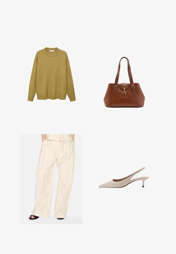Sweter w kolorze musztardowym, wykonany z miękkiego materiału. Posiada żebrowany okrągły dekolt oraz długie rękawy w regularnym kroju i prostym wykończeniu.; Szerokie spodnie w jasnym beżowym materiale o miękkiej fakturze, z plisami i regulowanym paskiem w talii. Minimalistyczny design.; Beżowe szpilki slingback z zakończeniem w szpic i niskim, rozkloszowanym obcasem. Wykonane z gładkiej skóry, o minimalistycznym wzornictwie i regulowanym pasku.; Brązowa skórzana torebka z podwójnymi uchwytami, okrągłym kształtem, złotymi okuciem i centralnym detalem z klamrą. Gładka tekstura z haftowanymi akcentami.