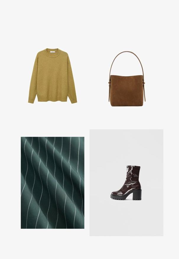 Sweater in mustard yellow, made of soft fabric. Features a ribbed round neckline and long sleeves with a regular fit and a straight hem.; Dark green fabric with a smooth texture, featuring white wavy stripes running vertically, creating a subtle pattern.; Glossy burgundy ankle boot with a chunky black heel, featuring a smooth texture and simple design. No visible fastenings or patterns.; Mango Handbag - brown