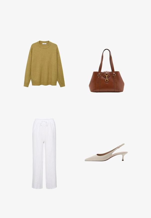 Pulover u gorućoj žutoj boji, napravljen od mekanog materijala. Ima rebrasti okrugli izrez i duge rukave sa regularnim krojem i ravnim rubom.; Bijele lanene hlače slobodnog kroja, s elastičnim pojasom i vrpcom za zatezanjem, ravnih nogavica. Glatka tekstura, lagana tkanina.; Bež sandale s potpeticom, s uskim vrhom i niskom, proširenom potpeticom. Izrađene od glatke kože s minimalističkim dizajnom i podesivim remenom.; Smeđi kožni ručni torbica s dvostrukim trakama, okruglog oblika, zlatnim hardverom i središnjim detaljem kopče. Glatka tekstura s ušivenim detaljima.