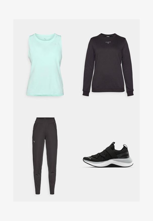 Czarna bluza z długimi rękawami, okrągłym dekoltem i mankietami; na przodzie znajduje się białe logo "HYROX". Wykonana z miękkiego materiału.; Jasno miętowa bezrękawnik sportowy wykonany z gładkiego, oddychającego materiału. Posiada okrągły dekolt i subtelne logo na górnej lewej stronie.; Czarne legginsy sportowe wykonane z elastycznego materiału, z wysokim stanem, bocznymi kieszeniami oraz małym odblaskowym logo na lewym udzie.; Czarne sportowe buty z teksturowaną cholewką, elastycznymi paskami i grubą białą podeszwą środkową. Posiadają szary akcent wzdłuż podeszwy.