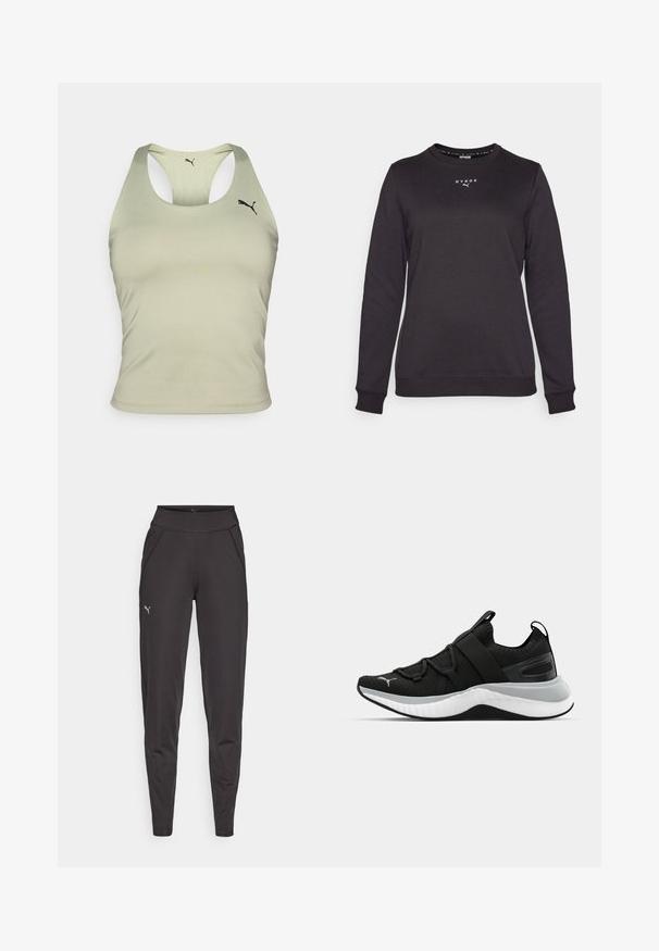 Must mustärkidega pikkade varrukatega dressipluus, ümmargune kaelus ja mansetid; ees on valge "HYROX" logo. Valmistatud pehmest kangast.; Hele rohelise värvi sportlik tank top, millel on stiilne disain, ümmargune kaelus ja võidusõidukelne seljaosa. Ees väike must logo.; Mustad mustriga mustad leggingud, mis on valmistatud venivast kangast. Neil on kõrge vöökoht, küljetaskud ja väike peegelduv logo vasakul reitel.; Must have tekstuuriga ülemise osaga mustad spordijalatsid, elastsete rihmade ja paksu valge vaheosaga. Omab halli aktsenti talla ääres.