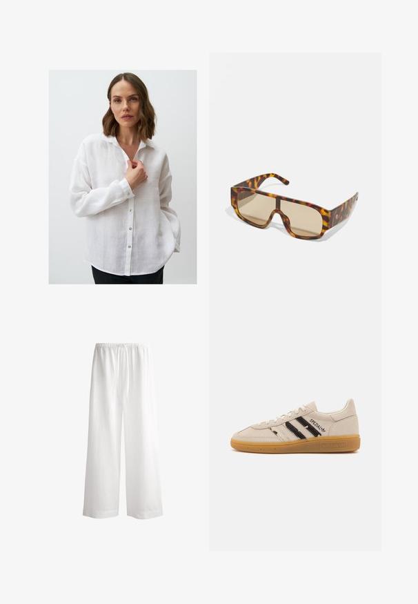 Sweter w kolorze kremowym, wykonany z miękkiej, teksturowanej tkaniny. Posiada okrągły dekolt, opadające ramiona i ściągacz u dołu.; Biała lniana koszula z guziczkami i kołnierzykiem, z długimi rękawami i luźnym krojem; posiada srebrne guziki i lekko teksturowaną tkaninę.; Białe lniane spodnie o szerokich nogawkach z elastycznym paskiem w talii, z wygodnym sznurkiem i luźnym, zwiewnym krojem, wyróżniające się czystymi krawędziami i brakiem widocznych wzorów.; Beżowe zamszowe sneakersy z czarnymi paskami i napisem "Spezial", posiadają teksturowaną gumową podeszwę oraz klasyczny system sznurowania.; Okulary przeciwsłoneczne z masywną, tortoise-shell wzorem w odcieniach brązu i pomarańczy, z dużymi, brązowymi soczewkami i eleganckim designem.