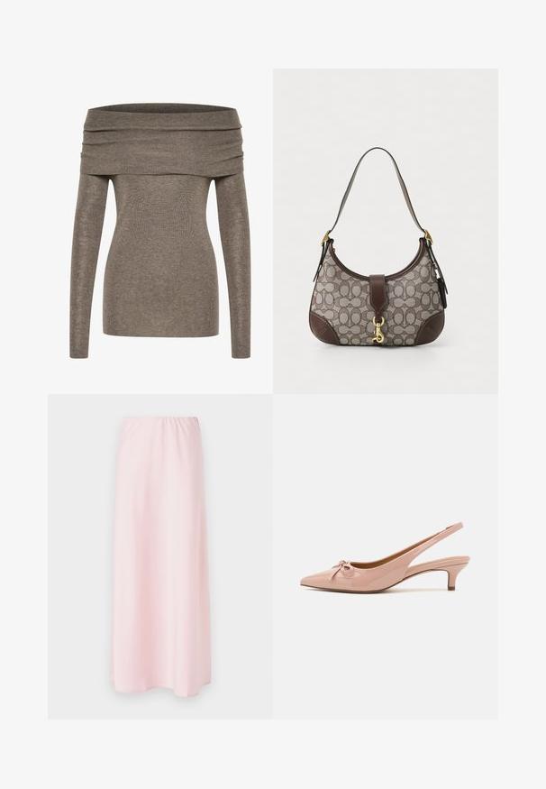 Õlavarre ülaosa pehmest, ribakonstruktsiooniga hall-pruunist kangast. Pika varrukaga, keha järgivate joontega ja laia volditud kaelusega, mis rõhutab siluetti.; Heledu roosa satiinist maksiskirt, millel on elastne vöökoht, sujuva tekstuuri ja lihtsa, voolava siluettiga.; Patendi roosa slingback kingad terava ninaga, ees paelte detailiga ja madala kassi kontsaga. Sile tekstuur läikiva viimistlusega.; COACH HAMPTONS HOBO BAG IN SIGNATURE JACQUARD - Käekott - oak maple