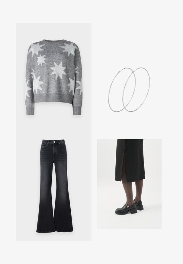 Hallide hallist kudumisehitis, millel on valged tähtede mustrid, ümar kaelus ning soonikvarrukad ja -äär. Lühendatud disain pehme tekstuuriga.; Kõrge vöökohaga avarad teksad tumesinises denimis, siledate tekstuuridega, esikottide, nupukinnise ja pleekimisdetailidega.; Mustad mustad jalatsid ümmarguse varbaga, paksu plokkniidi ja elastsete külgdetailidega, kombineeritud tumedate sukkade ja musta lõhikuga seelikuga.; Hõbedased rõngastikkaehingad minimalistlikus disainis. Ümar kuju, sile tekstuur ja õhuke profiil. Kerged ning poleeritud viimistlusega.