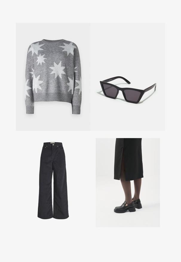 Suéter gris de punto con patrones de estrellas blancas, escote redondeado y puños y dobladillo acanalados. Diseño recortado con una textura suave.; Pantalones de pana negros de pierna ancha con cintura alta, cierre frontal de botones y dos bolsillos laterales. Textura suave y silueta recta.; Zapatos de piel negra con punta redondeada, tacón grueso y bloque, y acentos elásticos en los laterales, combinados con unos pantys oscuros y una falda negra con una abertura.; Gafas de sol negras y angulares con lentes grises; fabricadas en plástico, con varillas gruesas de superficie suave y sin herrajes visibles.