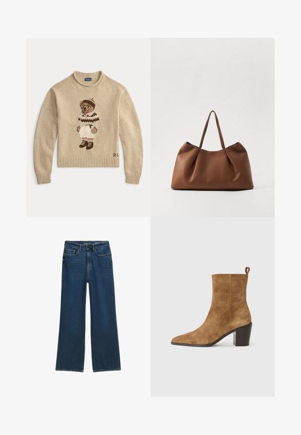 Beige neulepaita, jossa on kirjailtu karhu valkoisessa asussa ruskeilla yksityiskohdilla ja saappailla. Ribbaatut hihansuut ja helma. "R.L." ommeltu sivulle.; Tummansiniset leveälahkeiset farkut, joissa on viisi taskua, nappisulku ja huomaamattomat ompeluyksityiskohdat saumoissa.; Ruskea mokkanahkasaapas, jossa on terävä kärki ja paksu musta korko, esiteltynä neutraalilla taustalla.; Ruskea nahkainen olkalaukku, jossa on pehmeä ja kaareva muotoilu. Laukussa on poimutettu pinta ja kaksi vankkaa kahvaa. Minimalistiset ompeleet korostavat ulkonäköä.