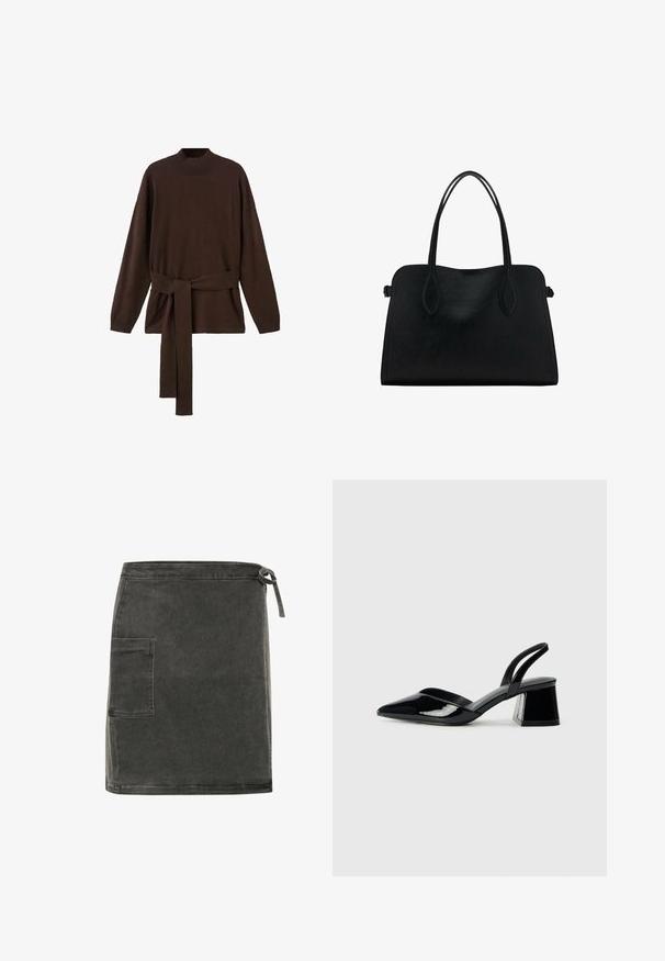 Hnědý pletený svetr s vysokým výstřihem, dlouhými rukávy a odpovídajícím páskem v pase. Měkká textura a volný střih.; Šedá denimová sukně s rovnýmsilhouette, boční kapsou a nastavitelným zavazováním v pase. Má jemnou texturu a minimalistický design.; Černé lakované kožené lodičky na pásku s špičatou špičkou a geometrickým blokovým podpatkem. Vyznačují se elegantním, minimalistickým designem a hladkým povrchem.; Černá kožená kabelka s dvojitými ramenními popruhy, obdélníkový tvar a minimalistický design na bílém pozadí.