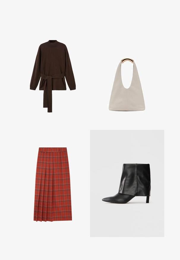 Pulover tricotat maro cu guler înalt, mâneci lungi și o curea asortată la talie. Textură moale și croi lejer.; Scalpers CHECK - Fustă în formă de A - terracotta; Cizmă din piele neagră, până la jumătatea gambei, cu vârf ascuțit, superior pliabil și toc jos subțire, așezată pe un fundal alb.; Geantă din piele gri deschis cu un design în formă de U și un mâner metalic curbat. Textură netedă cu cusături minime și fără modele vizibile.