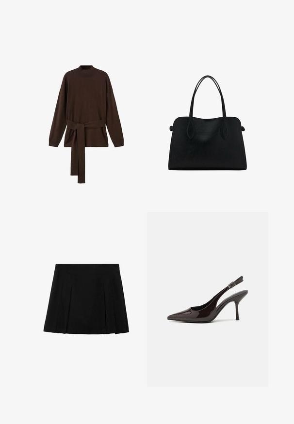 Brown knit sweater with high neckline, long sleeves, and a matching waist tie. Soft texture and relaxed fit.; Black pleated mini skirt with a smooth, textured fabric and a discreet side zipper closure. Features evenly spaced vertical pleats.; Slingback high-heeled shoe in glossy dark brown patent leather, pointed toe, open sides, and adjustable ankle strap.; Black leather handbag with dual shoulder straps, rectangular shape, and minimalistic design on a white background.