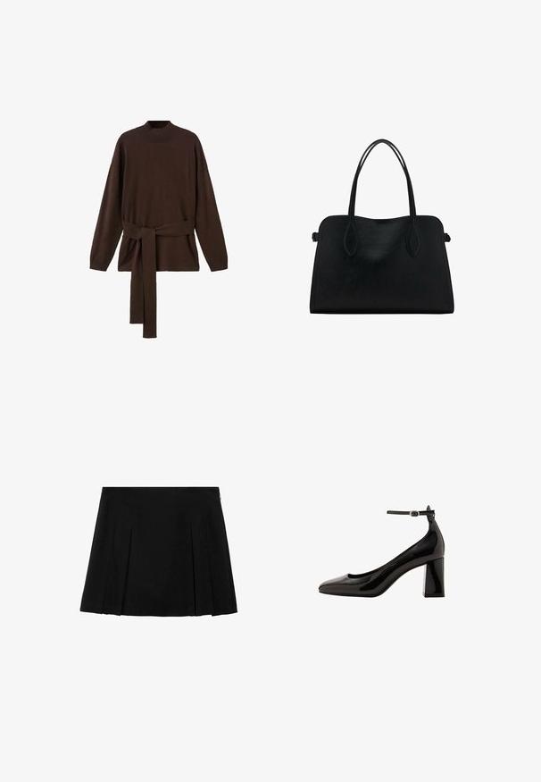 Hnedý pletený sveter s vysokým výstrihom, dlhými rukávmi a zodpovedajúcim opaskom. Mäkká textúra a uvoľnený strih.; Čierna skladaná mini sukňa s hladkou, textúrovanou tkaninou a diskrétnym bočným zipsom. Obsahuje rovnomerne rozmiestnené vertikálne skladania.; Čierne lakované lodičky na členku s lesklým povrchom, špicatou špičkou a širokým blokovým podpätkom. Hladká textura, minimálne detaily.; Čierna kožená kabelka s dvojitými popruhmi na rameno, obdĺžnikový tvar a minimalistický dizajn na bielom pozadí.