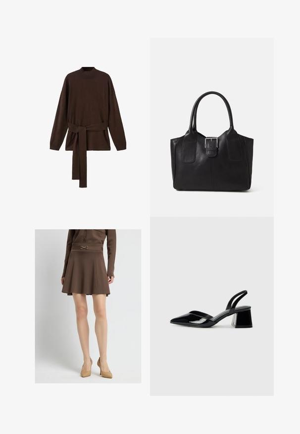 Bruine gebreide trui met hoge halslijn, lange mouwen en een bijpassende tailleband. Zachte textuur en een ontspannen pasvorm.; Bruine flared rok met een fitted elastische tailleband en decoratieve hardware. Gestructureerde stof met een gladde afwerking. Gecombineerd met geweven, spitse hakken.; Zwarte gepatineerde leren slingback hakken met een spitse neus en een geometrische blokhak. Kenmerkt zich door een slank, minimalistisch ontwerp en een gladde textuur.; Zwarte leren tote bag met een gladde textuur, gestructureerde vorm, twee handvatten en een opvallend zilveren sluitingdetail aan de voorkant.