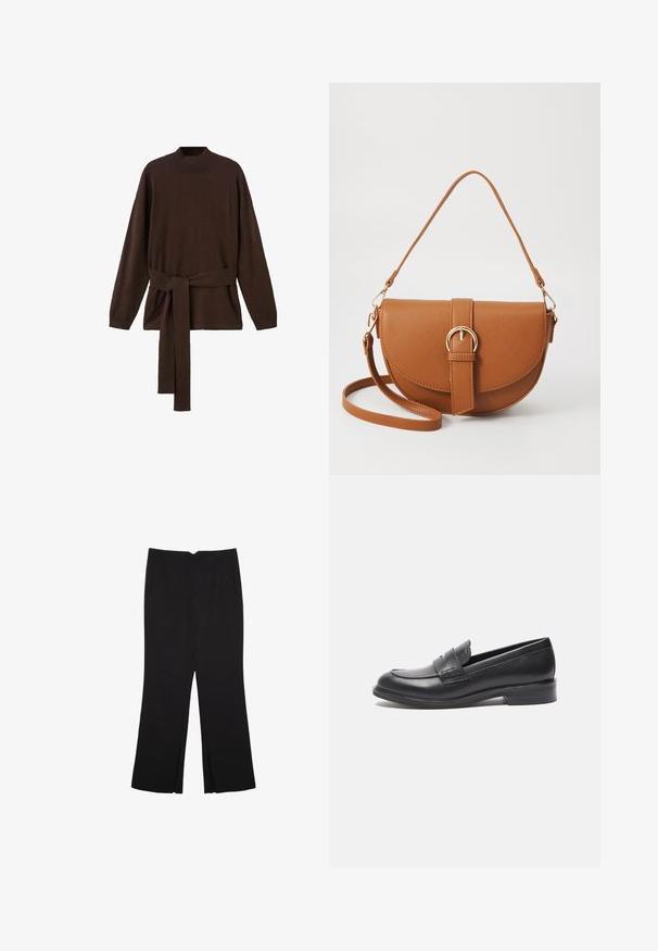 Brązowy dzianinowy sweter z wysokim dekoltem, długimi rękawami i dopasowanym paskiem w talii. Miękka tekstura i luźny krój.; Czarne spodnie o prostym kroju, z przednimi kieszeniami i bocznymi rozcięciami na dole. Wykonane z miękkiego, gładkiego materiału. Odpowiednie na różne okazje.; Czarne skórzane mokasyny o gładkim wykończeniu, zaokrąglonym nosku i detalach w postaci przeszyć po bokach. Posiadają niski, prostokątny obcas.; Brązowa skórzana torba na ramię o zaokrąglonym kształcie, ze złotymi akcentami i zapięciem w formie klamry. Posiada odpinany pasek na ramię.