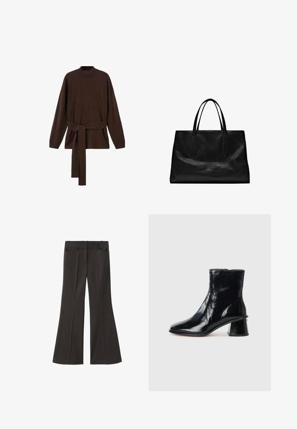 Brun stickad tröja med hög krage, långa ärmar och matchande midjesnodd. Mjuk textur och avslappnad passform.; Svarta utsvängda byxor med hög midja; har två framfickor och en mjuk tygtextur. Lämpliga för olika tillfällen.; Svart ankelboot i blanka läder, med spetsig tå och en unik blockklack med ett cirkulärt accentdetalj.; Svart läder tote-väska med två förlängda handtag, en strukturerad form, slät textur och minimalistisk design. Inga synliga beslag eller detaljer.