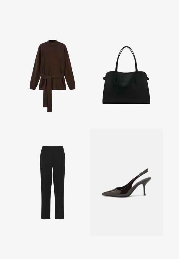 Bruine gebreide trui met hoge halslijn, lange mouwen en een bijpassende tailleband. Zachte textuur en een ontspannen pasvorm.; Zwarte broek met een rechte pijp, met een gladde textuur, een aansluitende tailleband en zonder zichtbare versieringen of patronen.; Slingback hoge hak schoen in glanzend donkerbruin patentleer, puntige neus, open zijkanten en verstelbare enkelband.; Zwarte leren handtas met dubbele schouderriemen, rechthoekige vorm en minimalistisch ontwerp op een witte achtergrond.