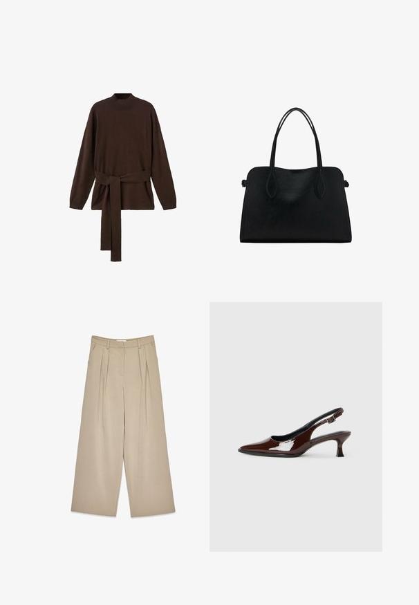 Brązowy dzianinowy sweter z wysokim dekoltem, długimi rękawami i dopasowanym paskiem w talii. Miękka tekstura i luźny krój.; Beżowe spodnie o szerokich nogawkach z fałdami z przodu, kieszeniami bocznymi, szlufkami na pasek oraz ukrytym zapięciem z przodu.; Brązowe lakierowane skórzane buty na obcasie typu slingback z ostrym noskiem i umiarkowanym obcasem. Posiadają pasek z klamrą dla zapewnienia stabilnego dopasowania. Gładka tekstura.; Czarna skórzana torba na ramię z podwójnymi paskami, prostokątny kształt i minimalistyczny design na białym tle.