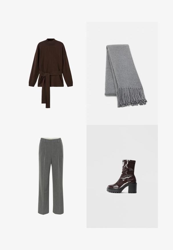Brown knit sweater with high neckline, long sleeves, and a matching waist tie. Soft texture and relaxed fit.; Gray pinstriped trousers with a tailored fit, a flat front, and a wide leg design. Made of a smooth, lightweight fabric.; Glossy burgundy ankle boot with a chunky black heel, featuring a smooth texture and simple design. No visible fastenings or patterns.; Gray wool scarf with a soft texture, featuring fringed edges and a simple design. Folded neatly, showcasing its elongated shape.