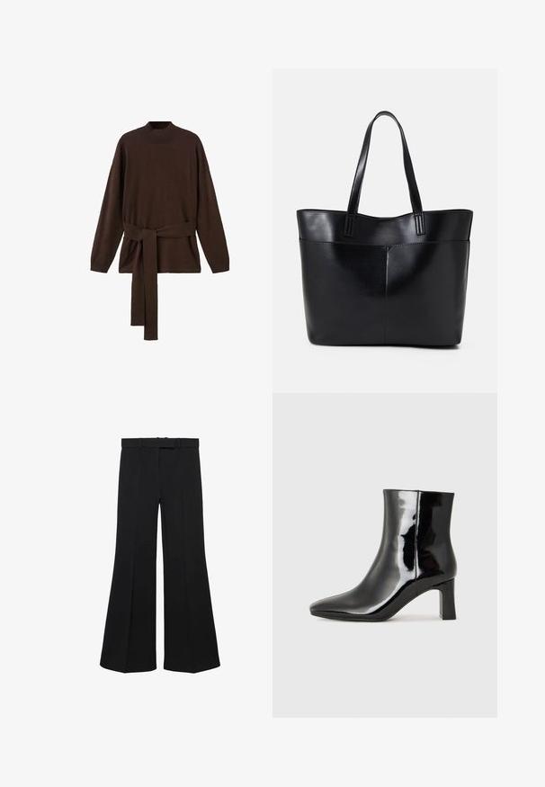 Smeđi pleteni pulover s visokim ovratnikom, dugim rukavima i odgovarajućim pojasom. Mekana tekstura i opušteni kroj.; Crne široke hlače s visokim strukom, strukturiranim dizajnom i prednjim nabranjima. Izrađene od glatkog materijala s diskretnim remenom za struk i petljama za pojas.; Crne lakirane kožne gležnjače s šiljastim prstom i srednje visokom blok petom. Glatka tekstura i minimalistički dizajn.; Crna kožna torba s dugim ručkama, glatkom teksturom i strukturiranim oblikom. Ima prednju džep za dodatno pohranu.