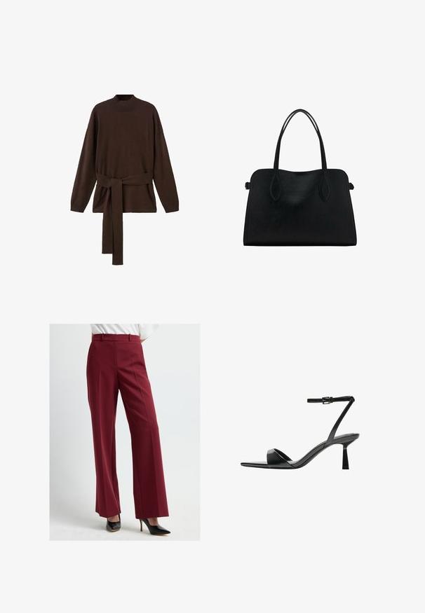 Ruskea neulepaita, jossa on korkea kaula-aukko, pitkät hihat ja yhteensopiva vyö. Pehmeä rakenne ja rento malli.; Burgundy leveät housut, joissa on sileä rakenne, korkea vyötärö ja etupuolueet, yhdistettynä mustiin korkokenkiin.; Bershka Korolliset sandaalit - black; Mustavihreä nahkalaukku, jossa on kaksinkertaiset olkahihnat, suorakaiteen muotoinen ja minimalistinen muotoilu valkoisella taustalla.