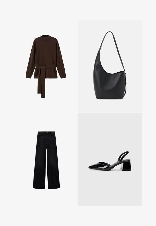 Ruskea neulepaita, jossa on korkea kaula-aukko, pitkät hihat ja yhteensopiva vyö. Pehmeä rakenne ja rento malli.; Korkea vyötäröinen leveälahkeinen musta farkkupohja, jossa on napitus, etutaskut ja siisti viimeistely lahkeissa.; Mustat patentoitu nahkakengät, joissa on säären takaosa ja terävä kärki, sekä geometrinen palikkakorko. Sisältää tyylikkään, minimalistisen muotoilun ja sileän pinnan.; Musta nahkainen hobo-laukku, jossa on sileä pinta, kaareva muoto ja yksi säädettävä olkahihna; sisäänkäynti on leveä ylhäältä.