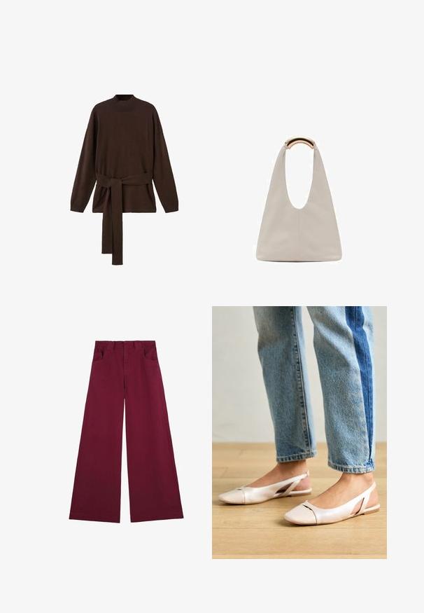 Brązowy dzianinowy sweter z wysokim dekoltem, długimi rękawami i dopasowanym paskiem w talii. Miękka tekstura i luźny krój.; Bordowe spodnie o szerokich nogawkach wykonane z bawełny o gładkiej fakturze, z dwoma przednimi kieszeniami i klasycznym wykończeniem pasa.; Jasnoróżowe baleriny na odkrytej pięcie z wąskim noskiem, wykonane z gładkiego materiału imitującego skórę. Posiadają wycięcia po bokach oraz płaski obcas.; Jasnoszara skórzana torba o kształcie litery U z zakrzywionym metalowym uchwytem. Gładka tekstura z minimalnymi szwami i bez widocznych wzorów.