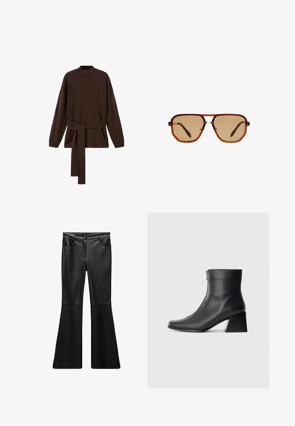 Hnedý pletený sveter s vysokým výstrihom, dlhými rukávmi a zodpovedajúcim opaskom. Mäkká textúra a uvoľnený strih.; Čierne falošné kožené nohavice s rozšírenými nohavicami, jemnou textúrou, vysokým pásom, prednými vreckami a zipsom. Obsahujú švy na nohách.; Čierna kožená členková obuv so štvrcovým špičkou, bočným zipsom a blokovým podpätkom na jednoduchom svetlom pozadí.; Hnedé osemuholníkové slnečné okuliare s priehľadným jantárovým rámom a hnedými tónovanými sklami. Obsahujú kovový akcent na mostíku a štíhle nožičky.; Hnedá kožená kabelka s hladkým povrchom, ktorá má zakrivený tvar a kovový logo. Popruh je zdobený dekoratívnymi nitmi po okraji.