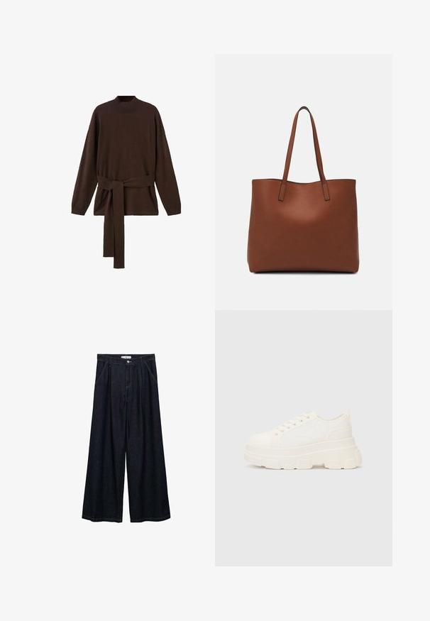 Hnedý pletený sveter s vysokým výstrihom, dlhými rukávmi a zodpovedajúcim opaskom. Mäkká textúra a uvoľnený strih.; Tmavé denim široké nohavice s vysokým pásom, vybavené predným zapínaním na gombík, dvoma bočnými vreckami a detailmi šitia.; Biele plátené tenisky s hrubou podrážkou, zaoblenou špičkou a piatimi očkami na šnúrky. Zadný popruh pre jednoduché obúvanie. Hladká textúra, minimalistický dizajn.; Hnedá kožená taška na rameno s hladkou textúrou, otvoreným vrchom a dvoma ramenými popruhmi. Má minimálne šitia a žiadne viditeľné kovania.