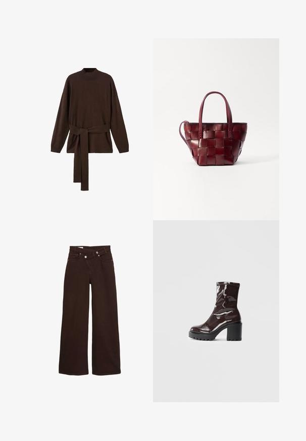 Hnědý pletený svetr s vysokým výstřihem, dlouhými rukávy a odpovídajícím páskem v pase. Měkká textura a volný střih.; Hnědé široké džínové kalhoty s vysokým pasem, předním zipem a knoflíkovým zapínáním, se předními a zadními kapsami.; Lesklá bordó kotníková bota s masivním černým podpatkem, se hladkým povrchem a jednoduchým designem. Žádné viditelné zapínání ani vzory.; Tkaná bordó kožená taška přes rameno s dvěma krátkými uchy a odnímatelným ramenním popruhem. Má strukturovaný tvar a hladkou texturu.